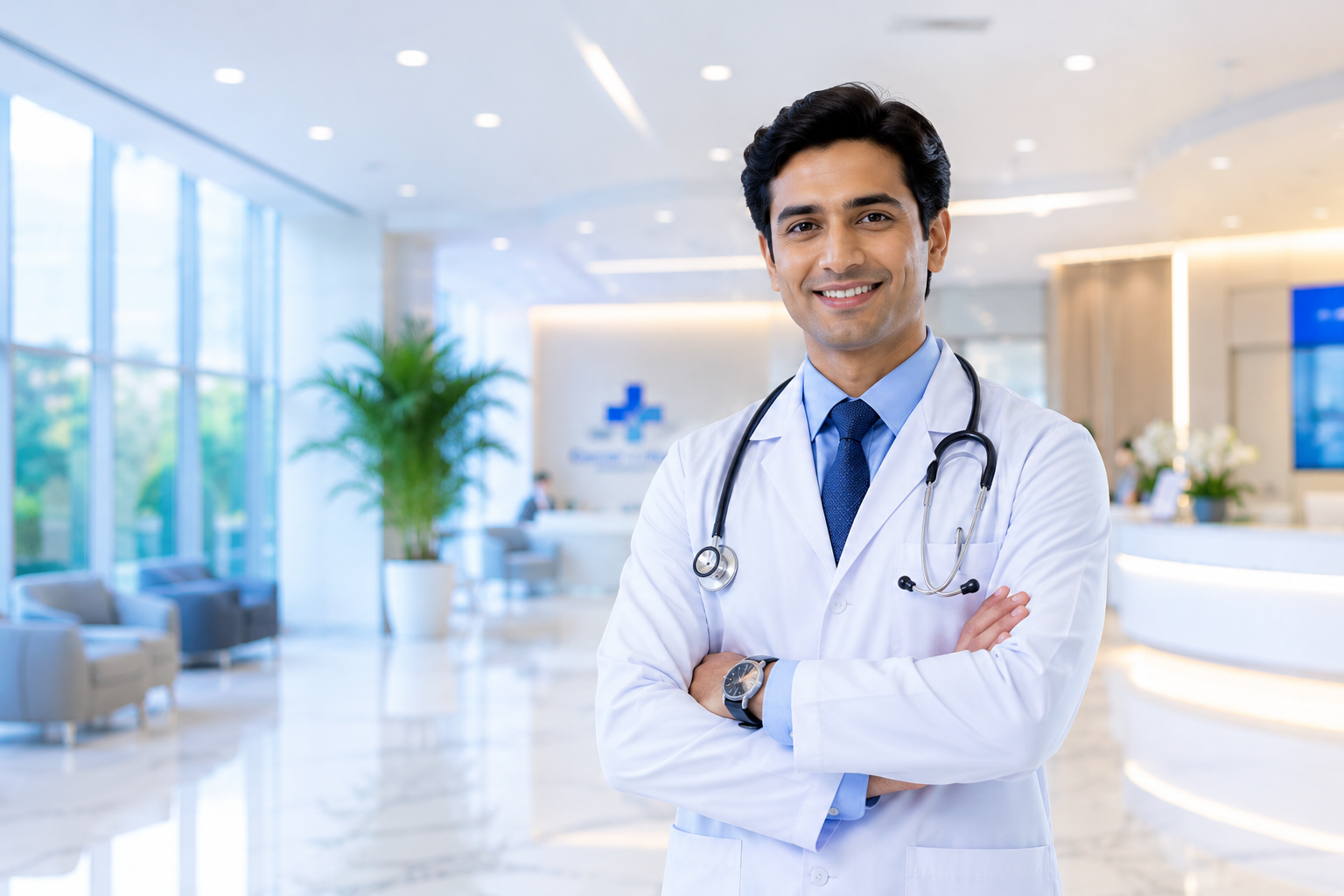 Truco Health doctor in a modern hospital lobby